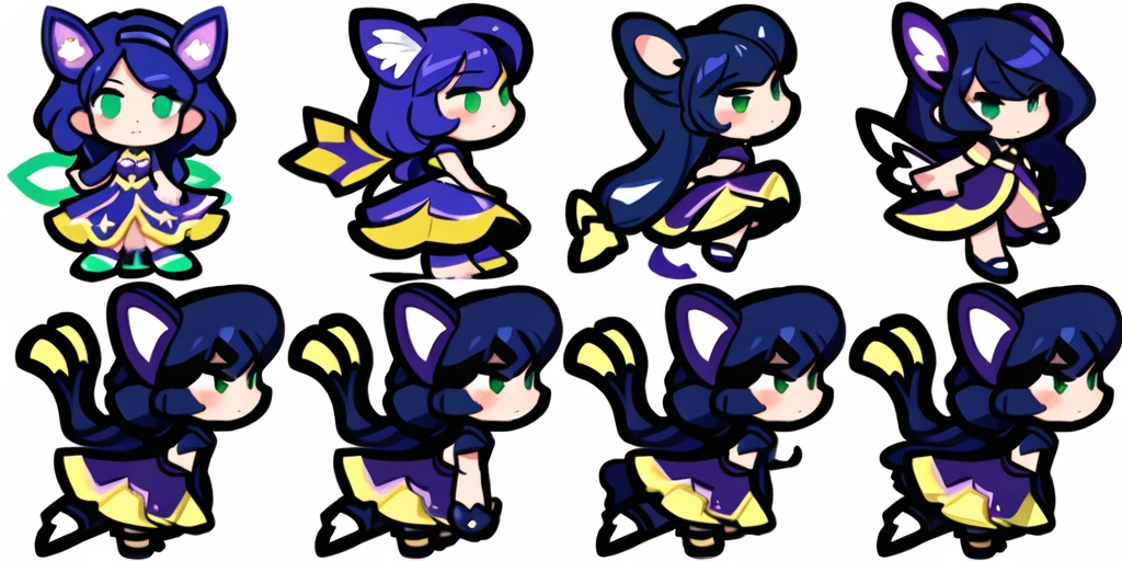 a close up of a cartoon character with different poses, spritesheet, sprite sheet, with familiar sprites, sprites, fairy girl, morgana, default pose neutral expression, twirling, sprite 2 d, shady, green fairy, smol, multiple poses, cute chibi, kawaii