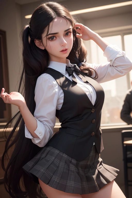 a young woman in a college uniform, long dark hair in twin tails, fair skin, intense dark eyes, white blouse, black vest, plaid skirt, jumping out of a wallet, excited expression, (best quality,4k,8k,highres,masterpiece:1.2),ultra-detailed,(realistic,photorealistic,photo-realistic:1.37),digital art,character design,vibrant colors,dramatic lighting,detailed facial features,intricate clothing textures,dynamic pose,cinematic framing,intricate background elements