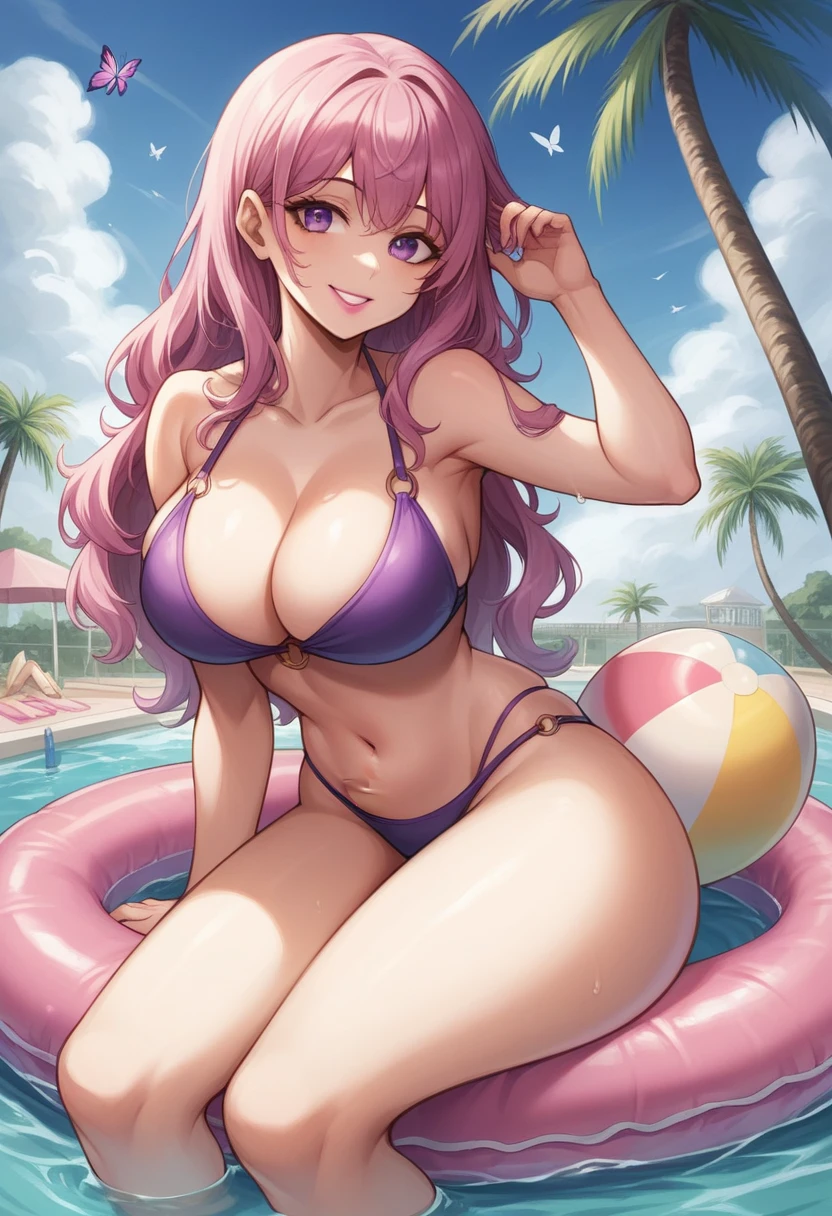 best aesthetic, Furina, 1girl, solo, long hair, breasts, looking at viewer, smile, bangs, very large breasts, really huge butt, big butt, swimsuit, cleavage, pink lipstick, kiss marks, outdoors, sky, day, bikini, cloud, tree, water, pedal, blue sky, purple bikini, pink pool float, inflatable butterfly wings, beach ball, palm tree, beachball, beach umbrella, ocean waves, a beautiful young woman wearing a purple bikini, lounging on a pool float in a sparkling blue pool. She is surrounded by tropical flowers and palm trees, and the scene is set against a backdrop of a bright blue sky with fluffy white clouds. The woman's pose is sexy and seductive as she floats in the pool, enjoying the sunshine. The colorful flowers, pool float, and her bold purple bikini all contribute to the fun, summery vibe. The overall atmosphere is cheerful and lighthearted, capturing the essence of a perfect poolside day.