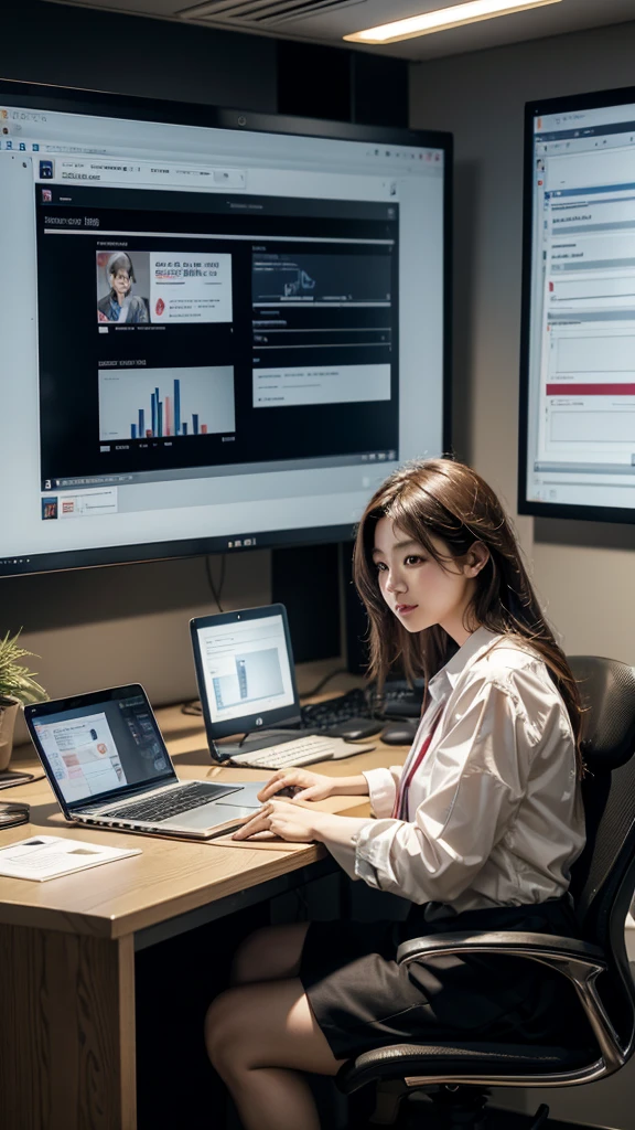 8K, Professional Lighting, 1. Japanese women(20th Generation), office, During a hybrid meeting, Business Casual, Smartphone and laptop, A large display for online meetings in the background, SDGs Poster, A workplace where diversity and technology coexist