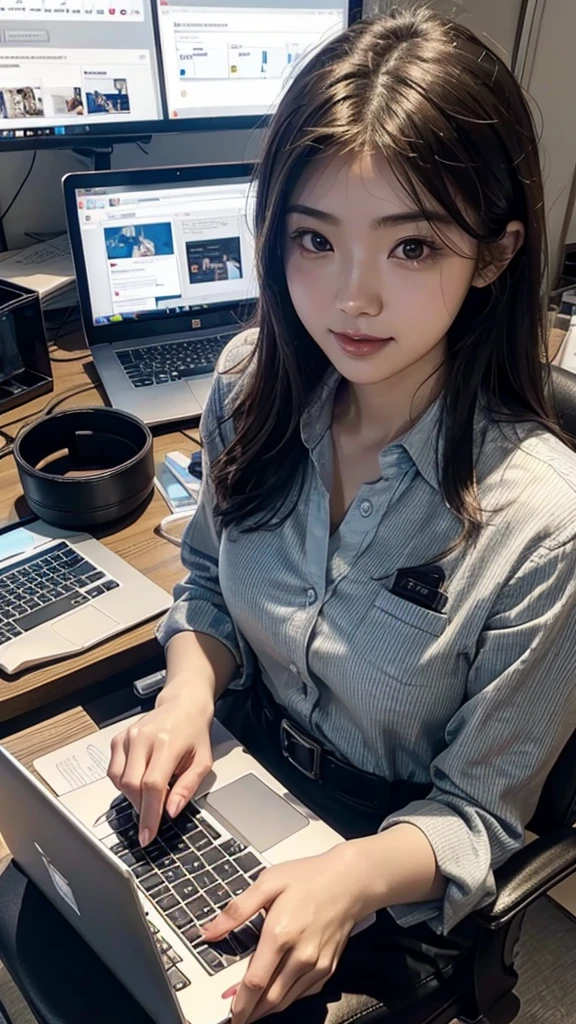 8K, Professional Lighting, 1. Japanese women(20th Generation), office, During a hybrid meeting, Business Casual, Smartphone and laptop, A large display for online meetings in the background, SDGs Poster, A workplace where diversity and technology coexist