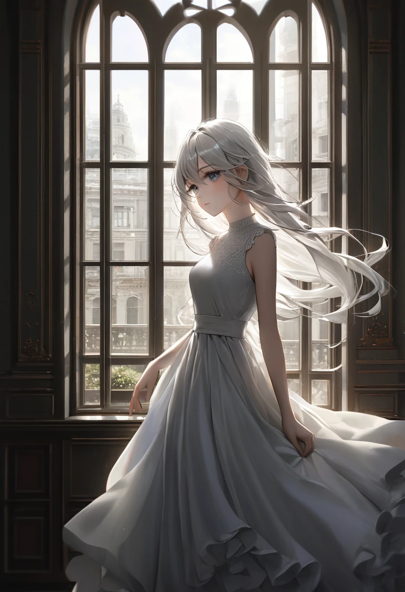 1girl, beautiful white hair, beautiful detailed white eyes, porcelain skin, delicate features, serene expression, elegant flowing dress, sunlight streaming through window, dramatic chiaroscuro lighting, intricate architectural background, (best quality, 4k, 8k, highres, masterpiece:1.2), ultra-detailed, (realistic, photorealistic, photo-realistic:1.37), cinematic, ethereal, elegant, graceful, serene, dramatic