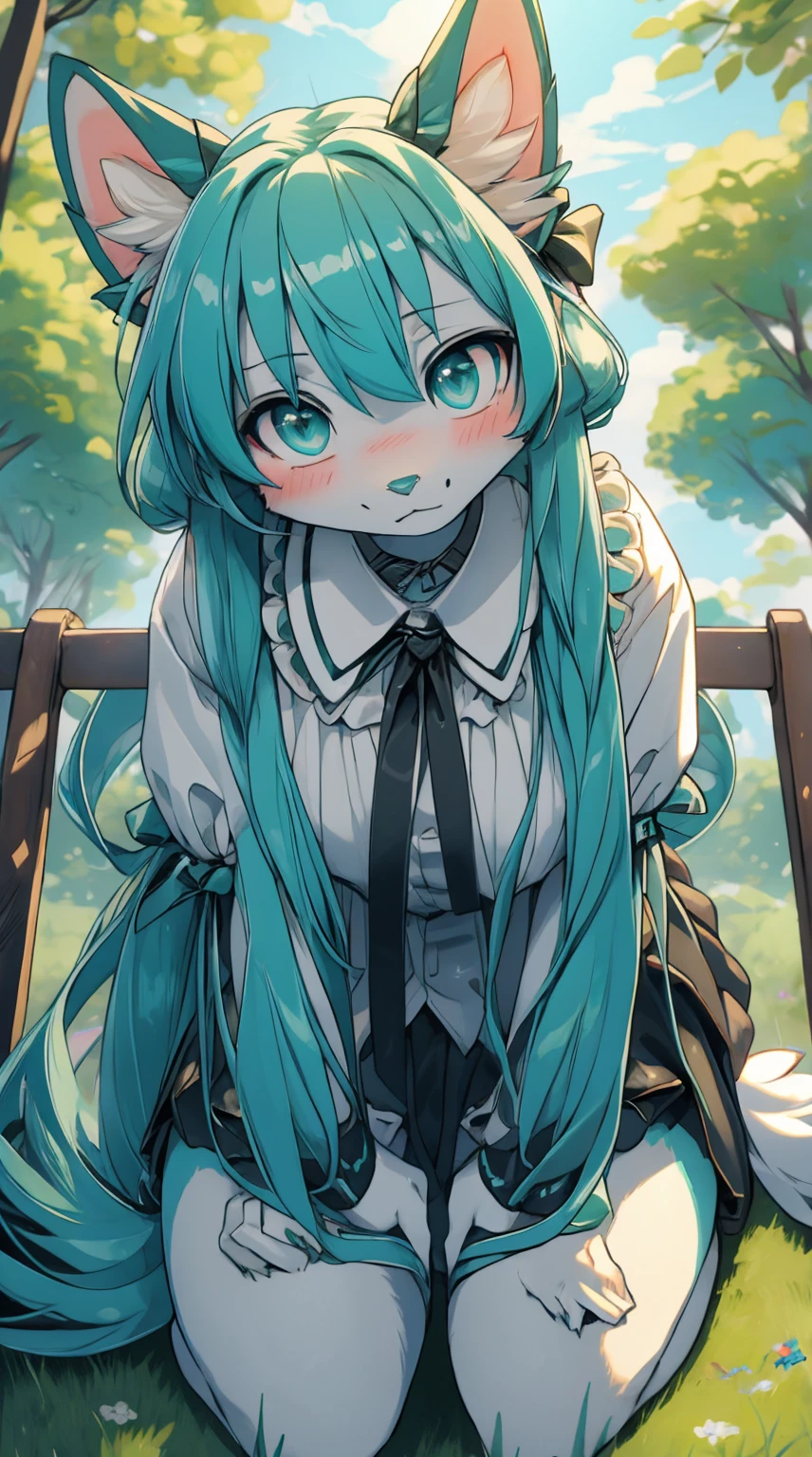 Hatsune miku add_detail:1 aqua fur Masterpiece High quality High resolution , wide, Sit with your knees bent、beauty legs 、in park、As if looking up from below、embarrassed add_detail:1 cum in pussy add_detail:1