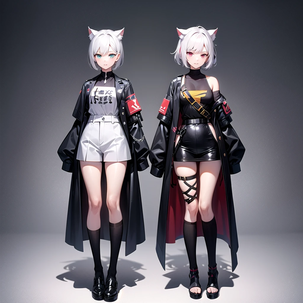 A white short-haired cat-ear girl, Heterochromia,Scars on the face,,Wide sweatshirt,Girls Frontline style, Devil anime girl, Fleet Collection Style, Anime style, Anime character design, , Fashion Design, Anime full body illustration, Popular on artstation pixiv, Interesting character design, pretty Anime character design,Character Design,