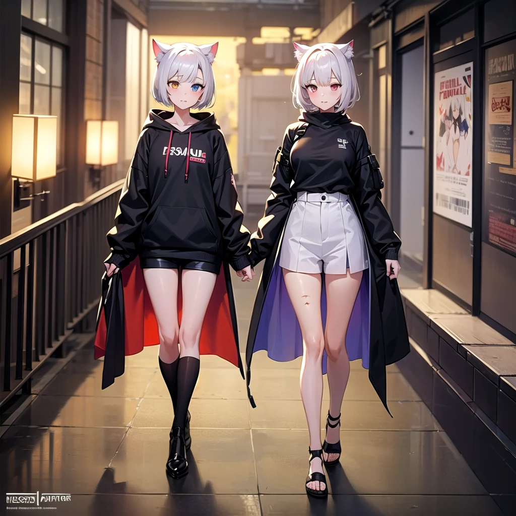 A white short-haired cat-ear girl, Heterochromia,Scars on the face,,Wide sweatshirt,Girls Frontline style, Devil anime girl, Fleet Collection Style, Anime style, Anime character design, , Fashion Design, Anime full body illustration, Popular on artstation pixiv, Interesting character design, pretty Anime character design,Character Design,