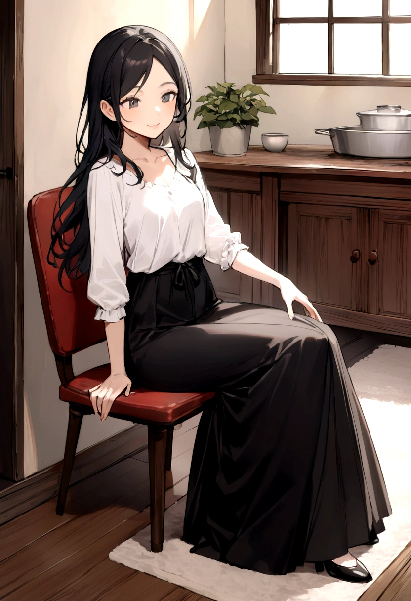 1 sitting woman,one's home, housewife , 30 years old,Mature Woman, /(Black Hair/) Swept-apart bangs, A kind smile, (Masterpiece Top quality:1.2) Delicate illustrations,long hair、Small breasts、Small breasts,Long skirt