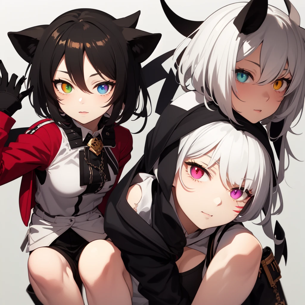A white short-haired cat-ear girl, Heterochromia，Scars on the face，，Wide sweatshirt，Girls Frontline style, Devil anime girl, Fleet Collection Style, Anime style, Anime character design, , Fashion Design, Anime full body illustration, Popular on artstation pixiv, Interesting character design, pretty Anime character design，Character Design，