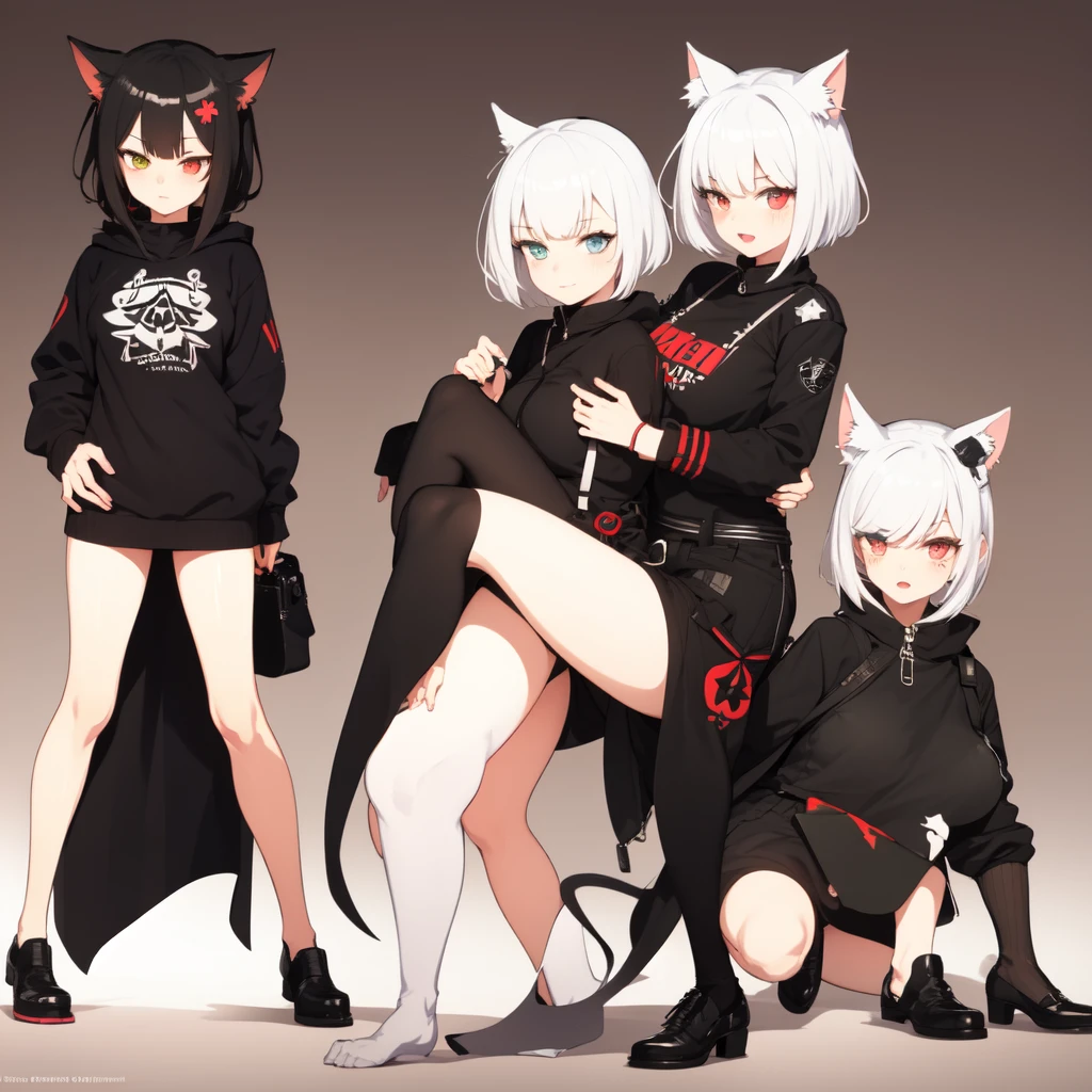 A white short-haired cat-ear girl, Heterochromia,Scars on the face,,Wide sweatshirt,Girls Frontline style, Devil anime girl, Fleet Collection Style, Anime style, Anime character design, , Fashion Design, Anime full body illustration, Popular on artstation pixiv, Interesting character design, pretty Anime character design,Character Design,