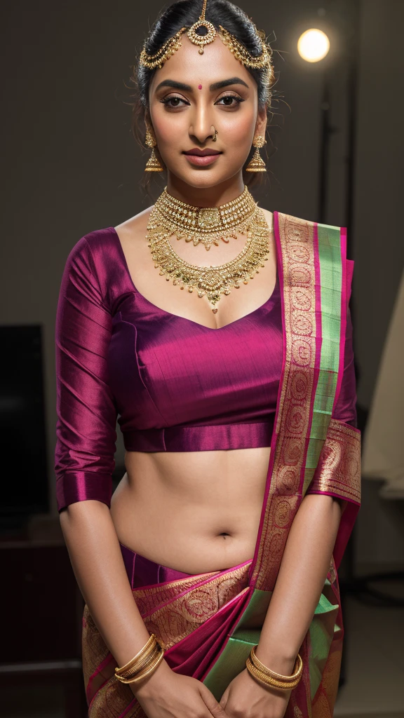 Foto RAW, photorealistic, photography, full body shot, master shot, perfect eyes, goddess like beauty, pierced eyes, perfect thick chubby mallu Desi aunty bhabhi, Wearing a Stanapatta, a chest-band.Saree model, model Photography, Indian saree shoot, Indian traditional wear advertising photography, traditional wear brand shoot, face of Indian actress Sonakshi Sinha, masterpiece, realistic, realism, incredible details, pleasure, photorealism, detailed skin, skin pores, high contrast, photorealistic Artstation 8k HD digital art trend of high definition and detailed realistic skin texture, ultra detail, realistic skin texture, armature, best quality, ultra high definition, (photorealistic:1.4),, high resolution, detail, raw photo, sweat, Re sharp, by Lee Jefferies Nikon D850 Film Stock Photo 4 Kodak Portra 400 Camera F1.6 Lens Rich Color Ultra Real Realistic Realistic Textures Dramatic Lighting Unreal Engine Trending at Art Station Cinestill 800,(pele altamente detalhada: 1.2), 8k UHD, DSLR, soft-lighting, alta qualidade, grain of film, Fujifilm XT3,she didn't like to wear blouse or bra, she is happy to wear only saree, she hates blouse or bra, detailed hairy armpits, hyper realistic skin, skin pores, sweat, veins,
