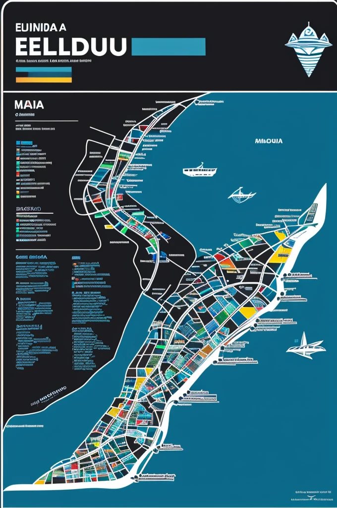 illustration,drawing of A design of a map of Manta Ecuador in black or blue lines, with small, colorful icons to highlight key places.
