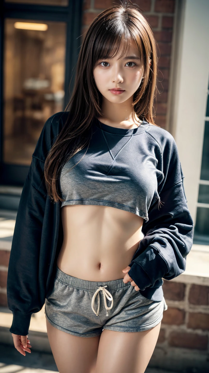 Innocent 16 year old girl、((Random color oversized sweatshirt,random shorts,Reduce visible area of shorts,dramatic pose)),cute face,bright eyes,tear bag,shortcut,Cafe background,RAW photo, (8K、highest quality、masterpiece:1.2)、(intricate details:1.4)、(realistic:1.4)、octane rendering、Intricate 3D rendering Super detaileded, soft light in the studio, rim light, vivid details, Super detailed, realistic skin texture, face, beautiful detailed eyes, Highly detailed CG Unity 16k wallpaper, compensate, (detailed background:1.2), shiny skin, whole body、large breasts, Draw from head to foot,((stand,Thighs are visible))