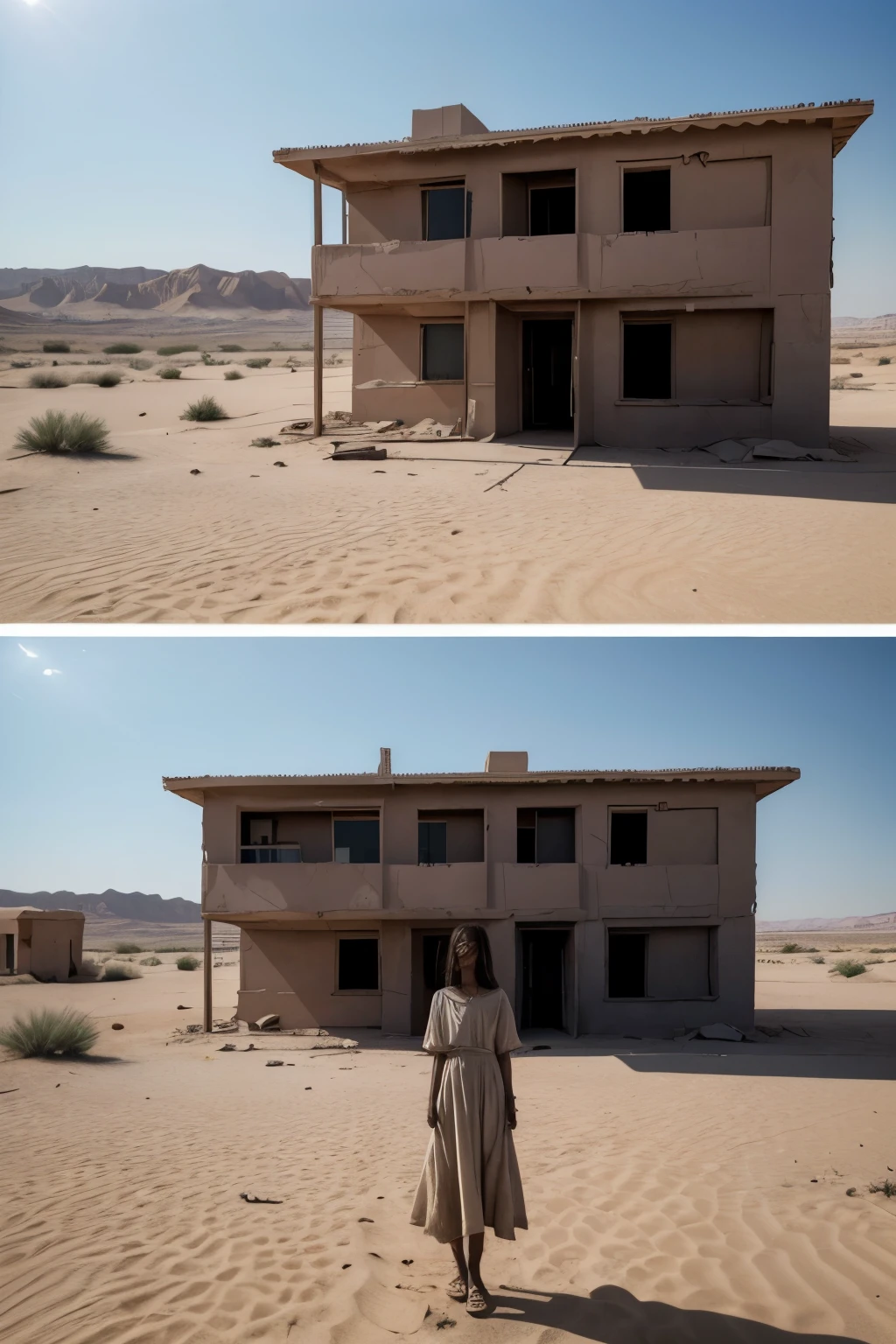 Make an image of a house in a desert and unpopulated area, make the house really uncomfortable and disturbing, terrifying and in poor condition. As if it were abandoned, and when you see her, she gives you bad vibes