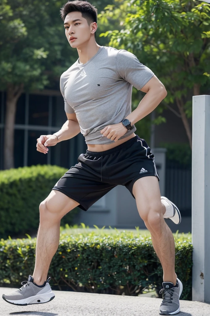 Short Hair、Height: about 180 cm、Muscular body type、male、Healthy skin tone、Black sports T-shirt、Grey sweatshirt、White sports running shoes、Sports watches and simple watches、Black waist pouch、basketball、Contemporary sporty style、garden
