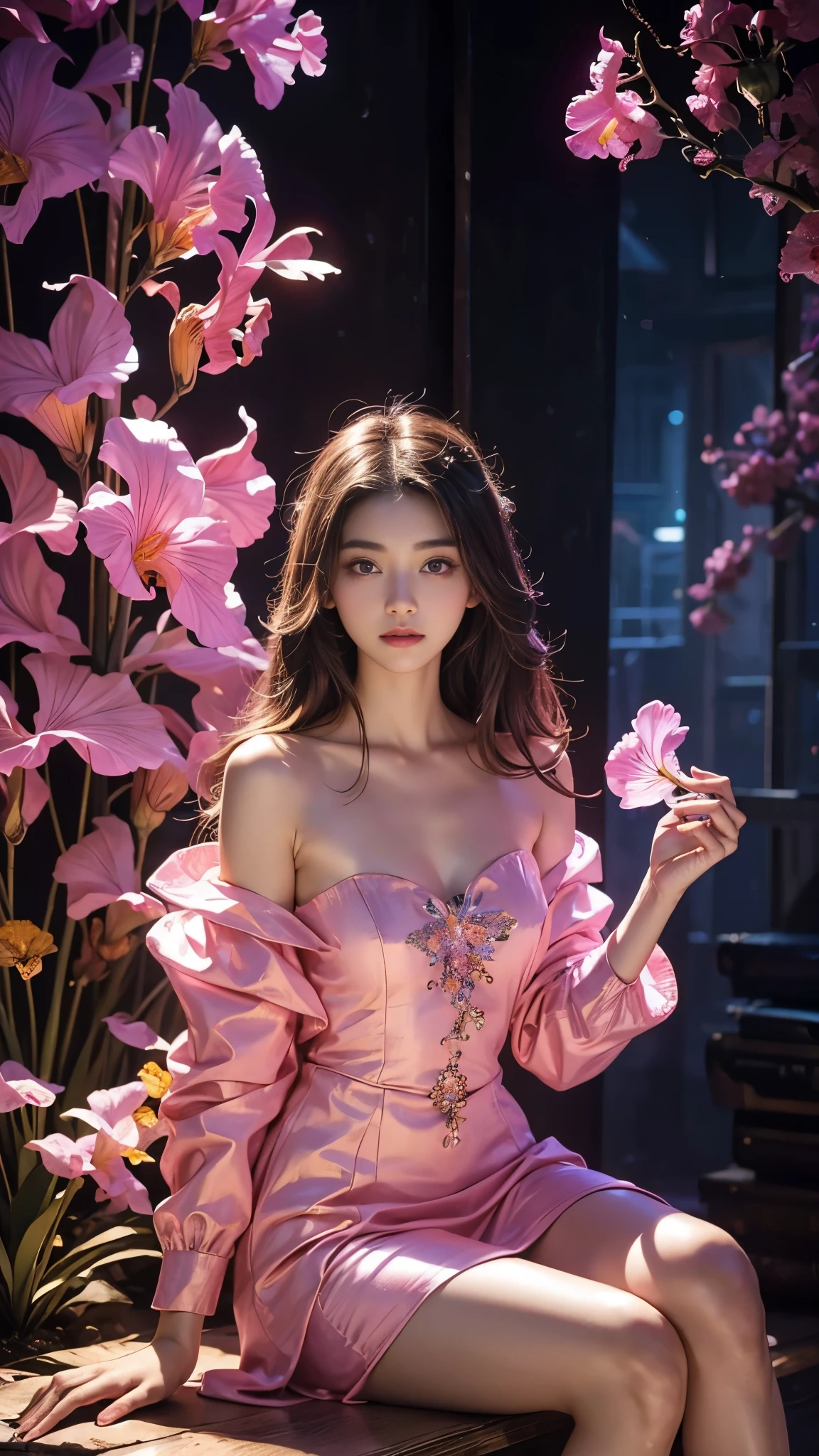 Full figure, seven -clinging shooting, 18 years old, wearing firefly clothes, exquisite faces, details, hands, ultimate details, amazing magnificence, Pedaipan style, fiber hair, glowing pink firefly, glowing pink iris, sitting,