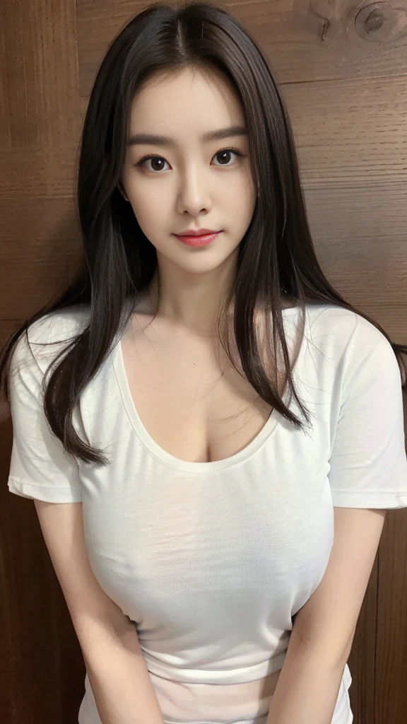 ((best quality, 8K, masterpiece, Clear focus )), 18 years old young Korean girl, ((Dark brown long hair, Huge breasts:1.3,Large, round chest :1.3)), Slim abdominal muscles :1.5,((Low-cut tight short T-shirt :1.6) ), (Wooden wall background :1.2), Highly detailed face and skin textures, Delicate eyes, Double eyelids, Toothy smile,sweet,cute,collagen,cosmetic,Focus on the chest,Cleavage:0.1