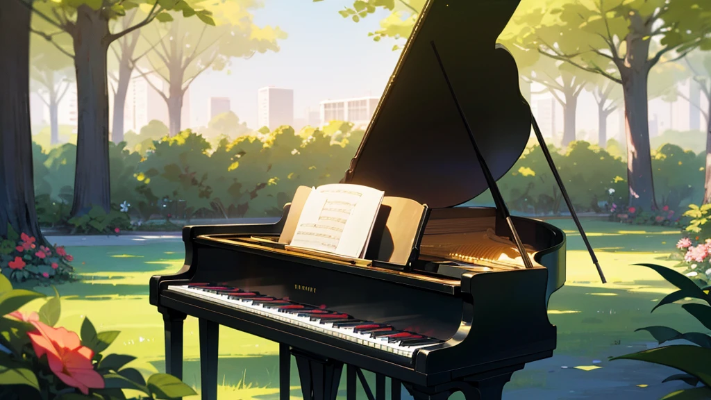 "A high-quality image of a black grand piano with its lid open, showcasing the intricate inner workings of the instrument. The piano is positioned against a plain white background, emphasizing its elegant and glossy finish. The brand"A beautiful scene featuring a black grand piano with its lid open, placed in a serene, sunlit park. The background shows lush green trees, colorful flowers, and a clear blue sky with a few modern buildings visible in the distance. The piano is positioned on a pathway, and the lighting creates a warm, inviting atmosphere with soft shadows. The overall mood is peaceful and inspiring, combining nature with urban elements."