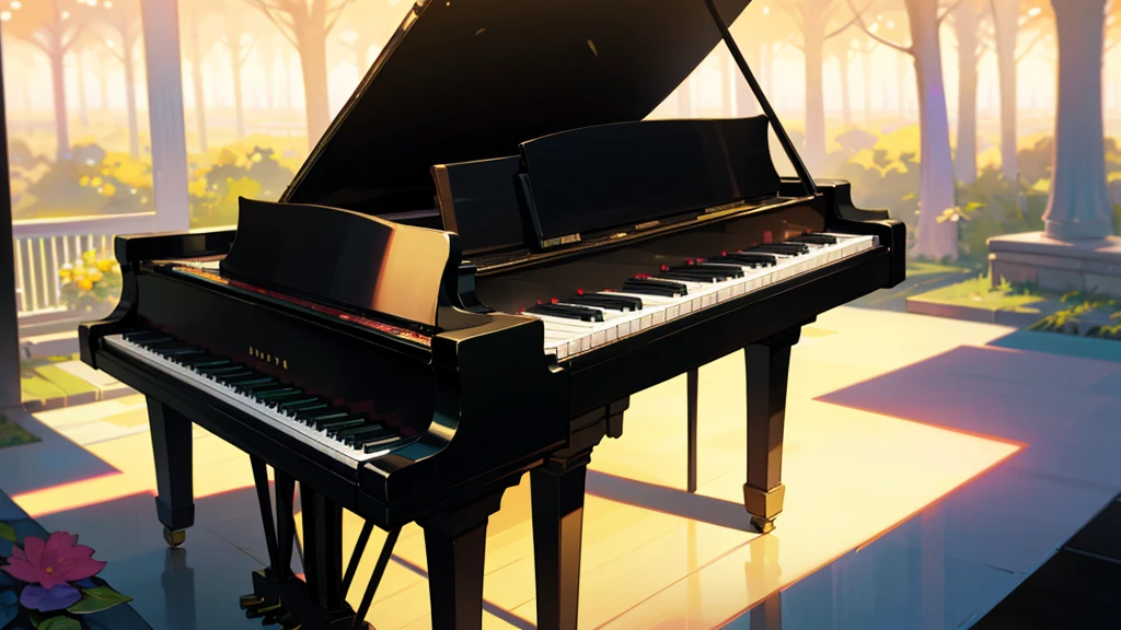 "A high-quality image of a black grand piano with its lid open, showcasing the intricate inner workings of the instrument. The piano is positioned against a plain white background, emphasizing its elegant and glossy finish. The brand"A beautiful scene featuring a black grand piano with its lid open, placed in a serene, sunlit park. The background shows lush green trees, colorful flowers, and a clear blue sky with a few modern buildings visible in the distance. The piano is positioned on a pathway, and the lighting creates a warm, inviting atmosphere with soft shadows. The overall mood is peaceful and inspiring, combining nature with urban elements."