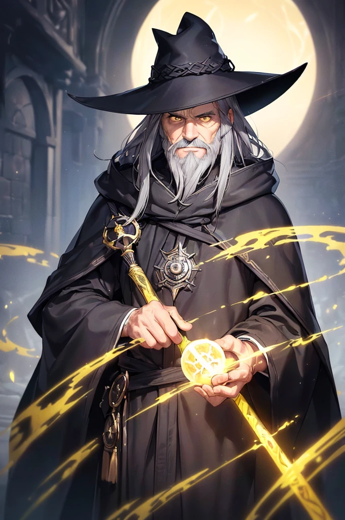 (masterpiece; best quality: 1.2), (finely detailed eyes: 1.3), ((70 year old man)), ((solo)), (yellow eyes: 1.4), (body; attractive, lean, mature: 1.3), (long gray hair + beard: 1.3), (beautiful and clear background: 1.2), ((depth of field)), (equipment: traveler mage dark robe + dark pointed hat + dark cloak: 1.3), (anime illustration: 1.2), (background composition; palace garden exterior: 1.1), (extremely fine and handsome: 1.1), (shot composition; standing + centered on torso + close-up: 1.5), (expression; calm, smile: 1.2)