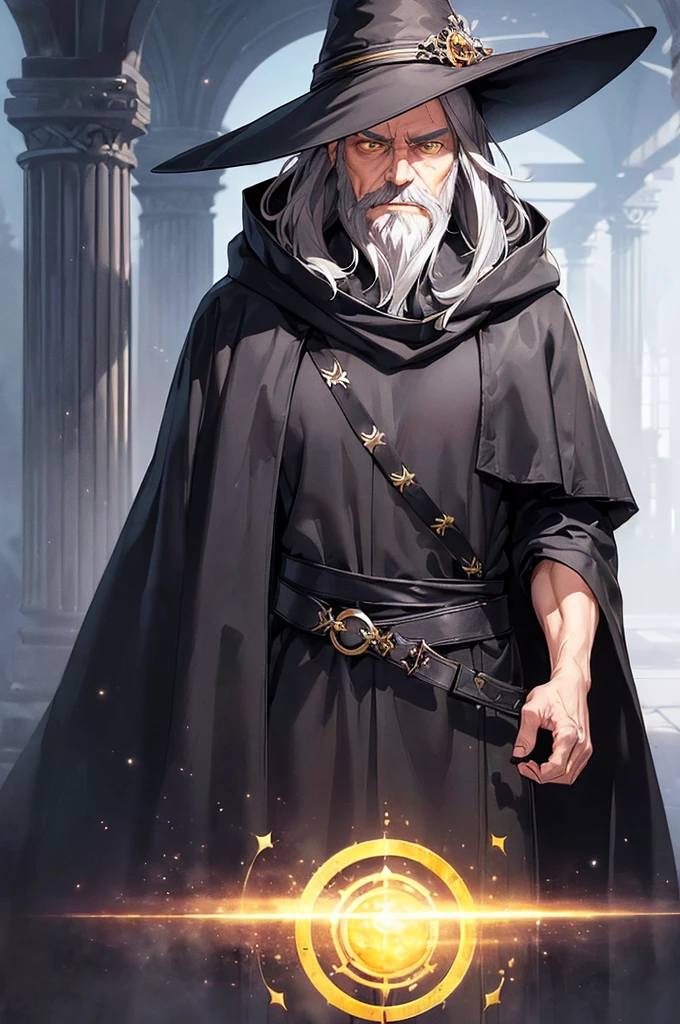 (masterpiece; best quality: 1.2), (finely detailed eyes: 1.3), ((70 year old man)), ((solo)), (yellow eyes: 1.4), (body; attractive, lean, mature: 1.3), (long gray hair + beard: 1.3), (beautiful and clear background: 1.2), ((depth of field)), (equipment: traveler mage dark robe + dark pointed hat + dark cloak: 1.3), (anime illustration: 1.2), (background composition; palace garden exterior: 1.1), (extremely fine and handsome: 1.1), (shot composition; standing + centered on torso + close-up: 1.5), (expression; calm, smile: 1.2)