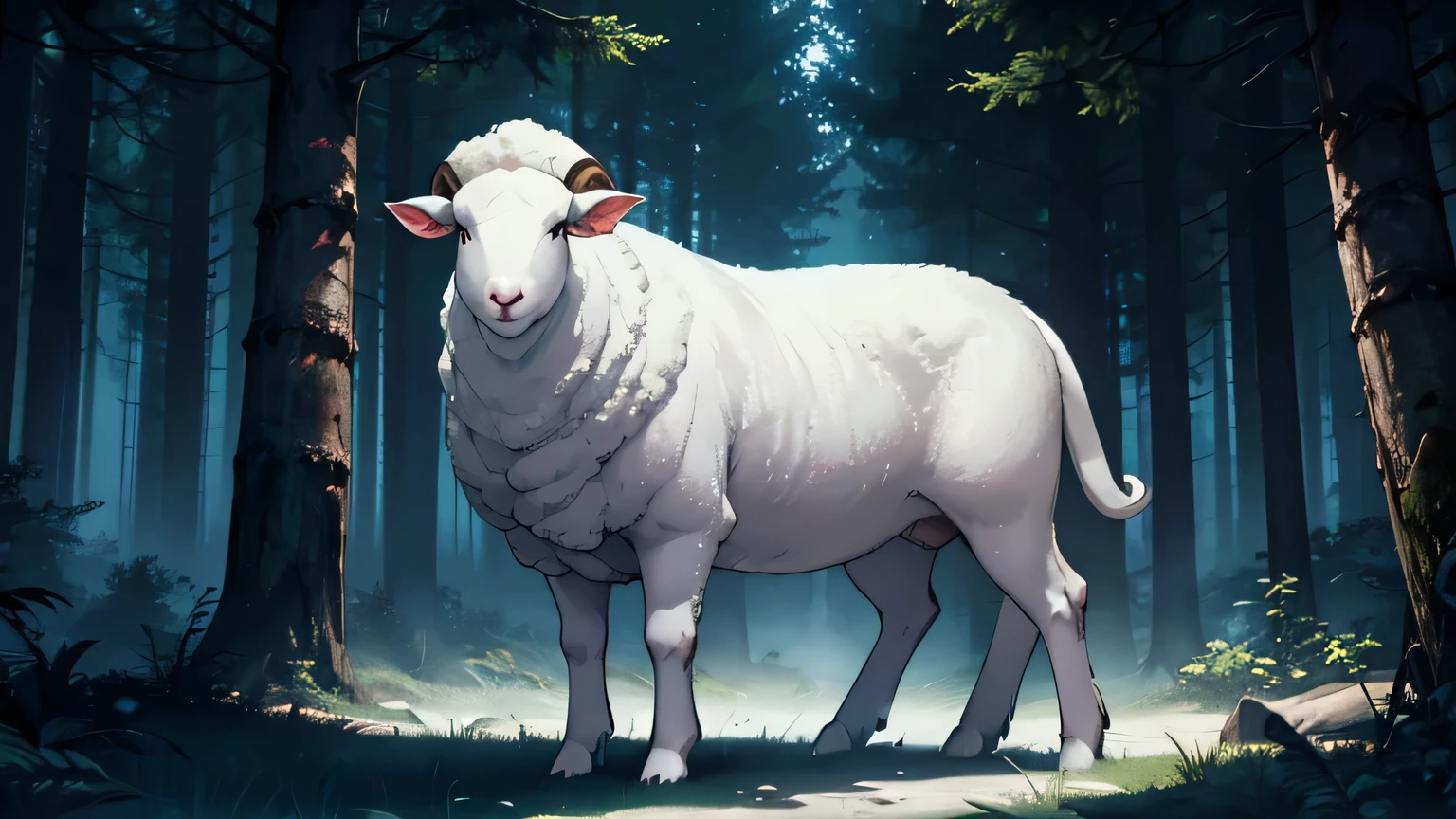 WHITE SHEEP In a dark and mysterious DENSE forest at night, lighting change, Hyper realistic, cinematic lighting, lost in the forest