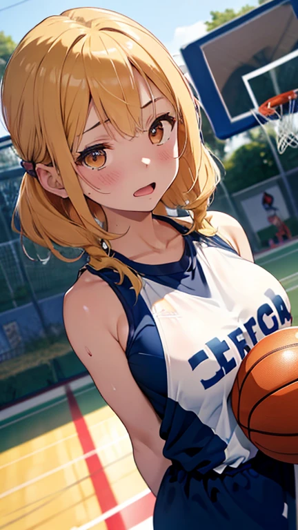 mastute piece,Best Quality,insanely detailed,8k cg,nsfw,
(shoot upper body:1.3),
(1girls:1.3),standing,looking at viewr,body in front,both arms behind back,(basketball uniform:1.3),(bare breasts:1.1),(bare nipples:1.1),
break,
blush,shy,(ecstasy face),(trembling:1.2),break,(light yellow hair:1.2),
break,
perfect breasts,perfect teats,(open mouth:0.9),(large breasts:1.2),
(basketball court)、