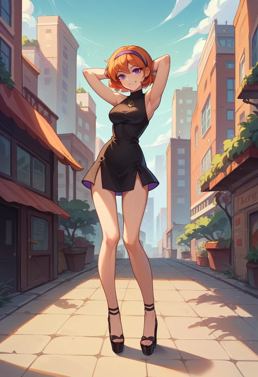 dbv1, orange hair, hairband, black dress, short dress, purple eyes, 1girl, full body shot, long legs, black platform high heels, smile, looking at viewer, city background, arms behind head, 