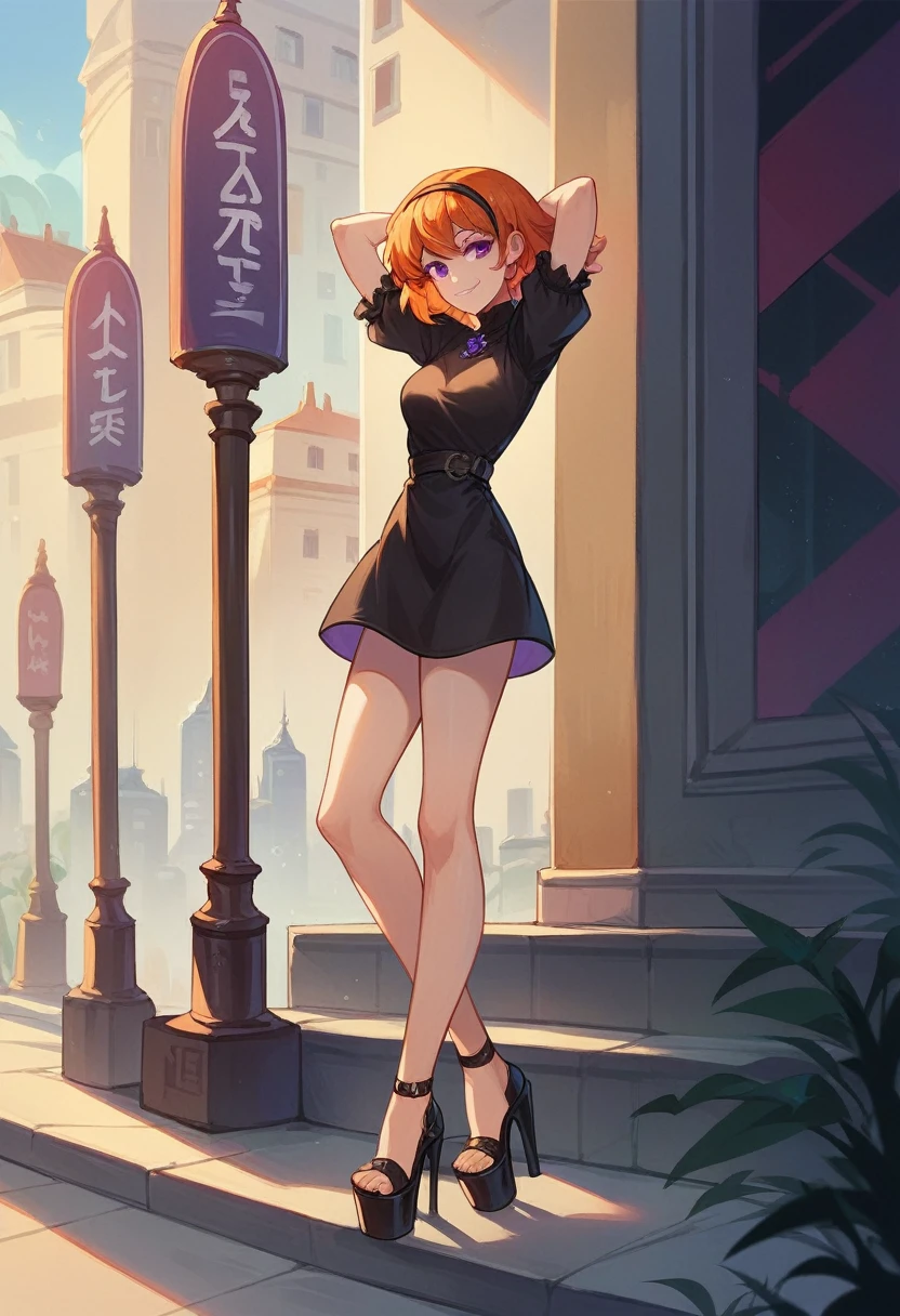 dbv1, orange hair, hairband, black dress, short dress, purple eyes, 1girl, full body shot, long legs, black platform high heels, smile, looking at viewer, city background, arms behind head,