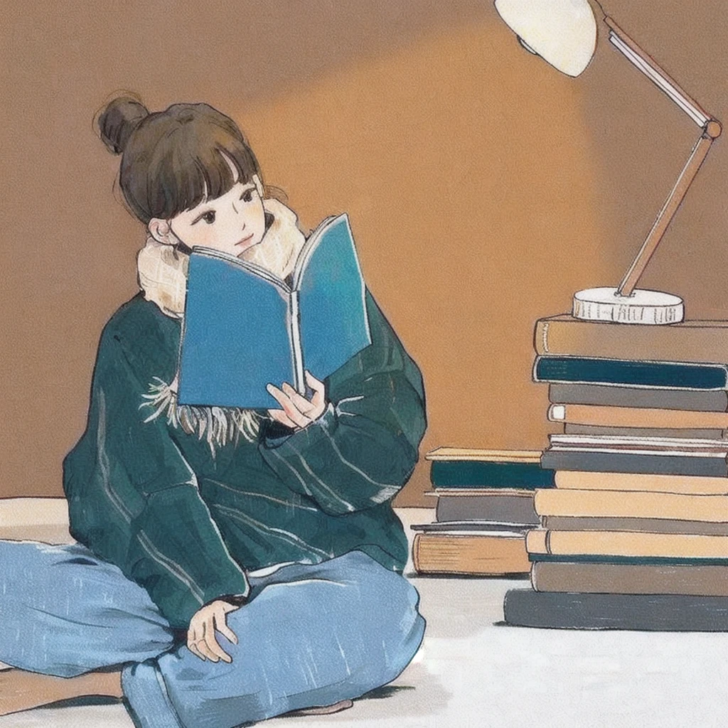 there is a woman sitting on the floor read a book, read a book, study, read new book, illustration!, book illustration, Book Portrait, Lo-Fi Girl, By Kim Jeong-hui, read in library, 努力study, 尝试read, read, Studious, student, comics, Portrait of Lofy, lo-fi illustration style