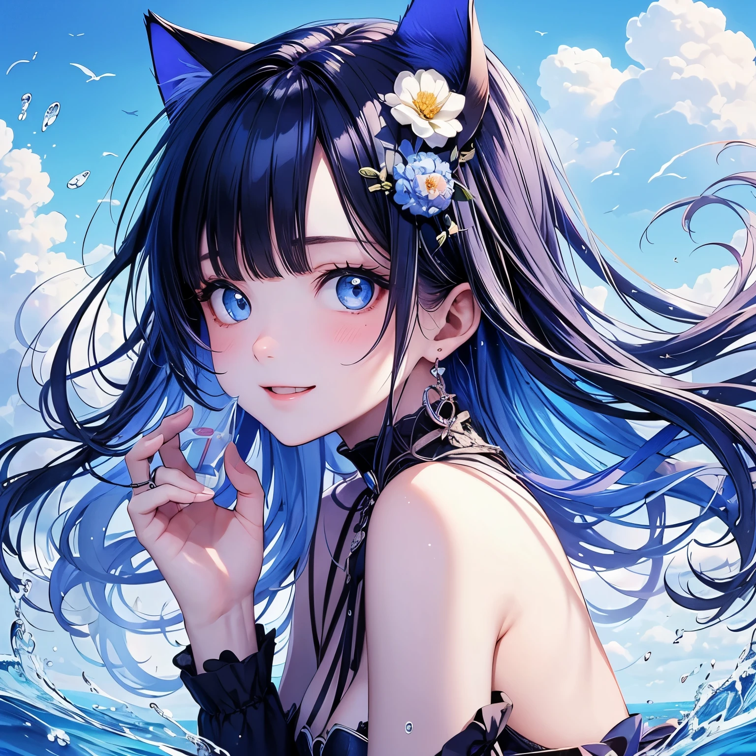 (masterpiece), Highest quality, Ultra-high resolution,Cat with blue ribbon、Blue Hair、Blue eyes、Blue clothes、summer、youth、blue sky、Ocean、refreshing、smile、（Fantasy:1.3）、（Splash:1.3）