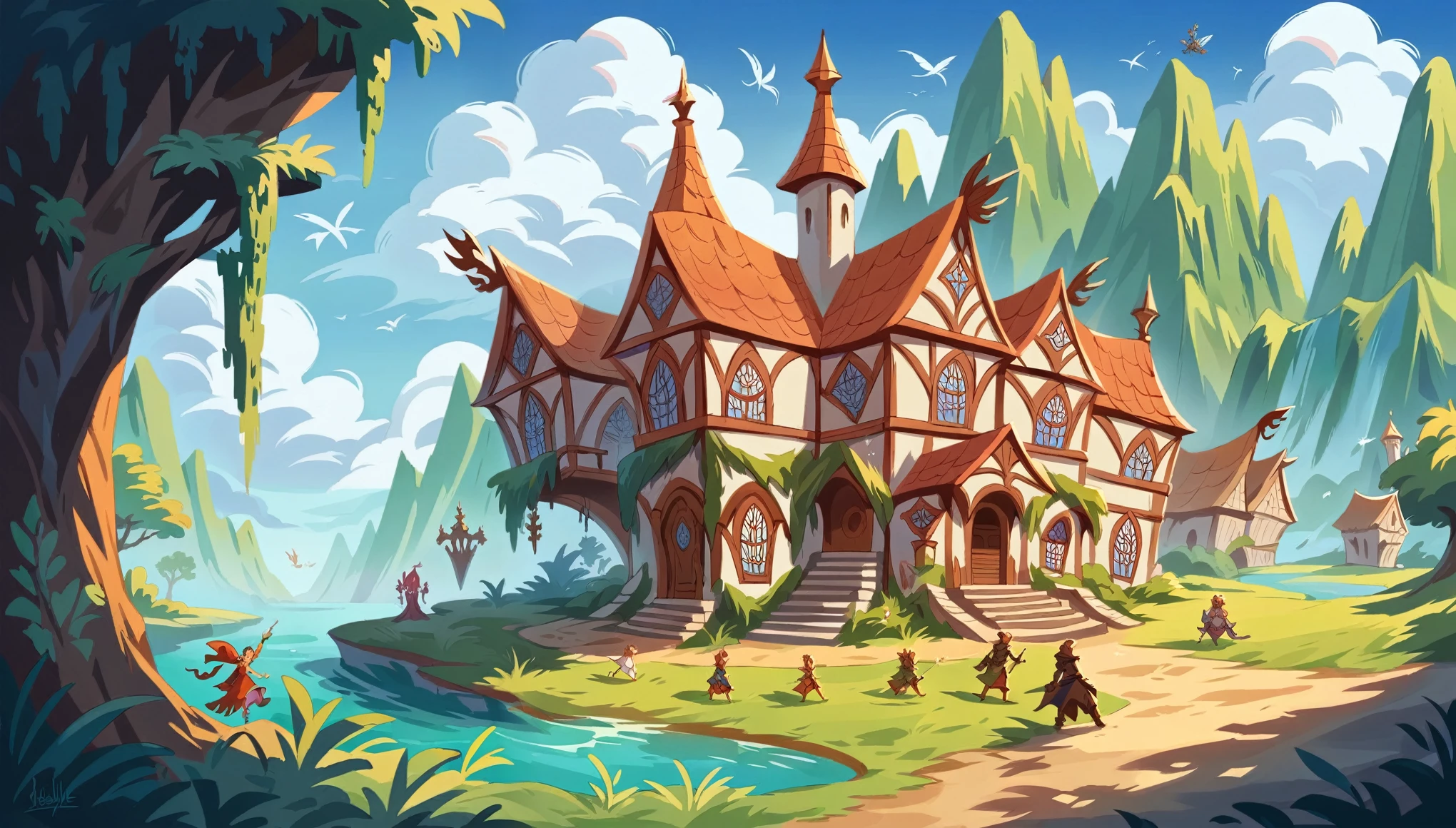 There are three windows with pictures of fairies and castles., Fantasy Setting, Fantasy Style景, Fantasy Themed, Fantasy Magic Plants, Fantasy atmosphere, Fantasy Medium Shot, Fantasy Theme, Inspired by fantasy, Fantasy Aesthetics!, fantasy painterly style, Fantasy Style, Fantasy art, Fantasy Village, fantasy scene, Fantastic setting, Disney Splash Art, Fantasy elements