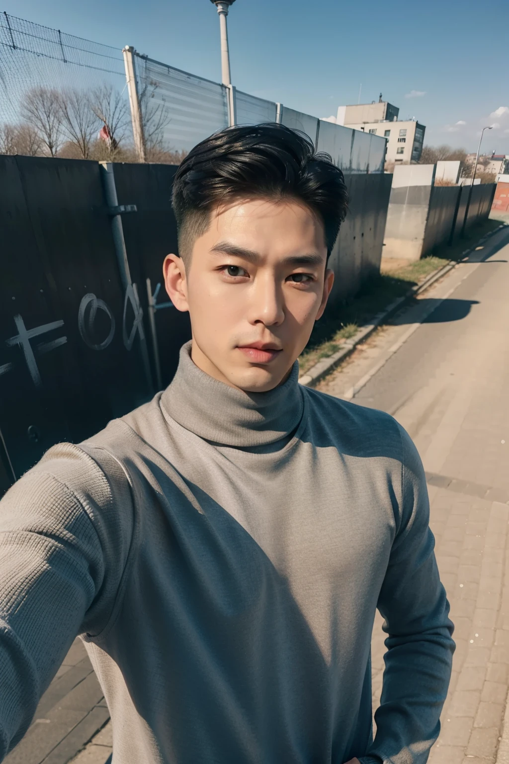(lifelike, high quality: 1.3) handsome asian man, tall, turtleneck, skinny jeans, photography, dutch angle, outdoor, hair styled upwards, taking a selfie in front of the Berlin wall, holding nothing in hand