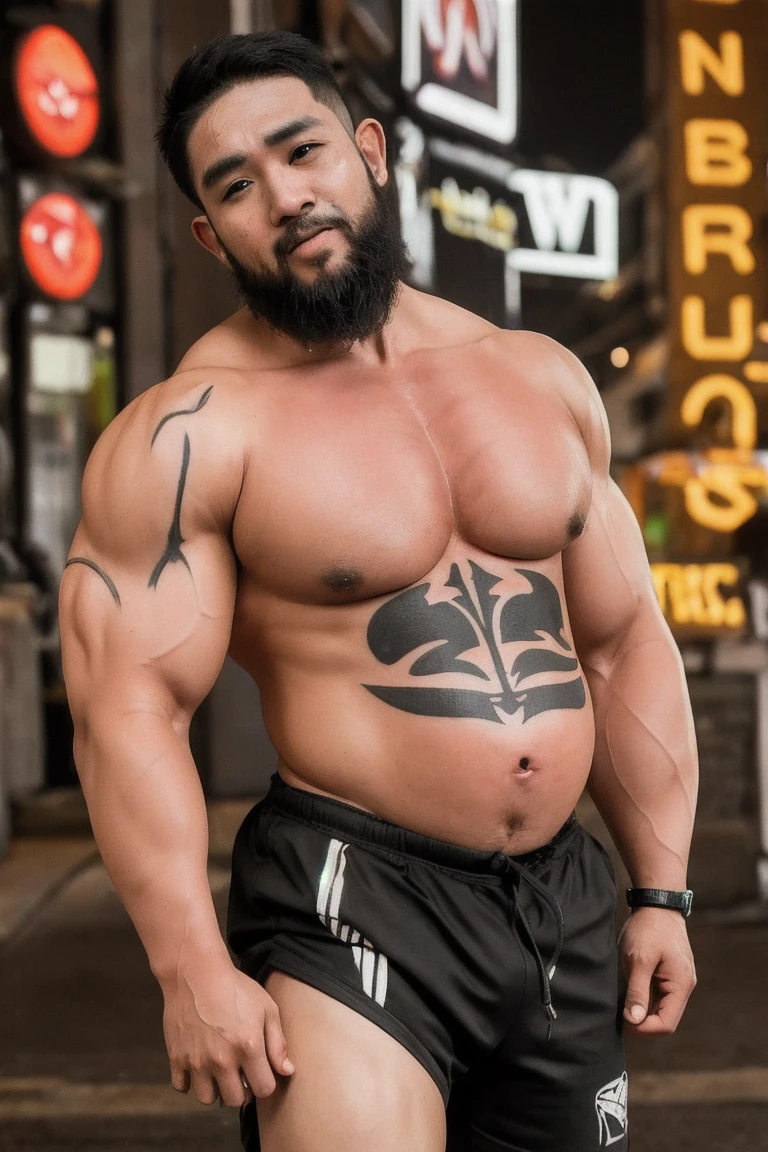 A group of beefy bearded Asian badboys man with a more bigger body size, big pregnancy belly, pumped chest, tribal art style tattoos, authoritative and protective expression, hugging from behind, worshiping and squeezing his chest, wearing a rapper outfit with pirate details, night neon seaport lights, low angle camera, add bandage around his body, holding a mic and singing, flexing muscles, fisheye camera