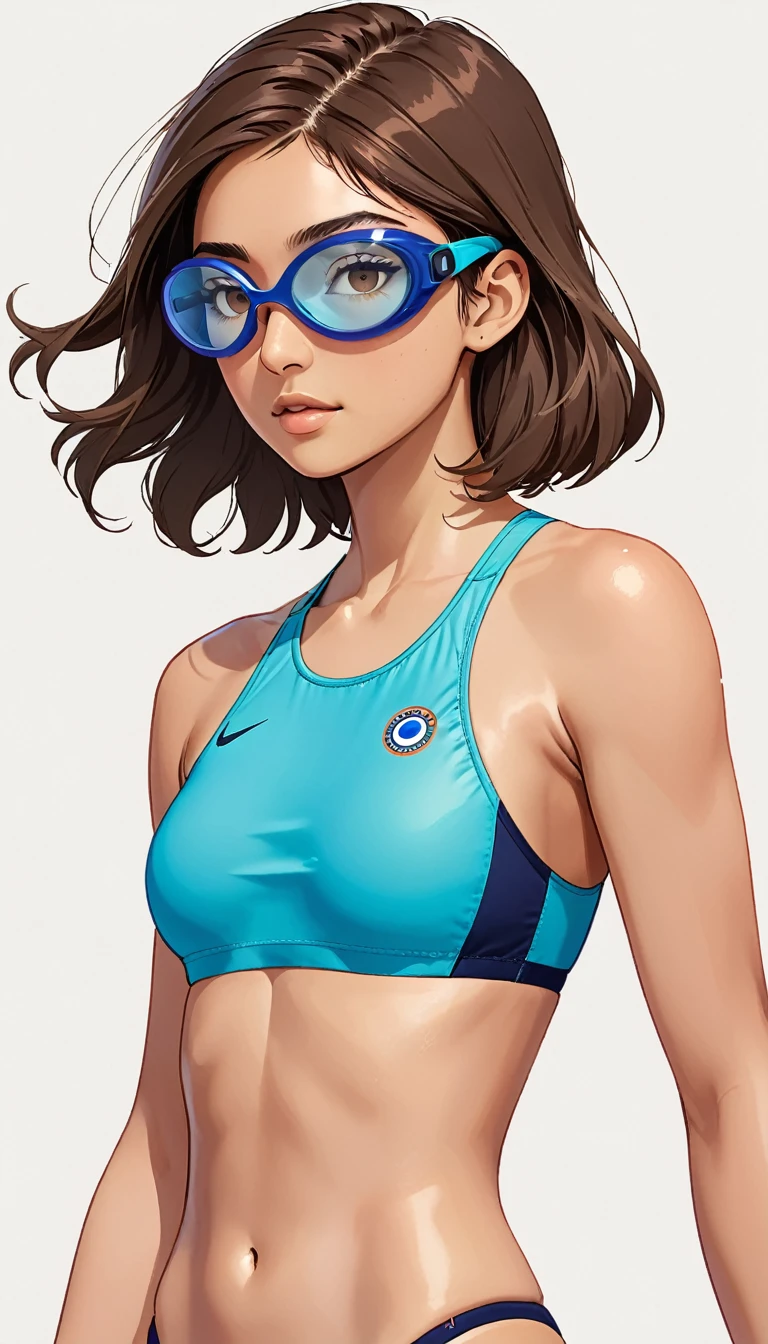 Competitive swimming suits、Swimming goggles、Brown Hair、Shortcuts、Upper Body、Simple Background、Moderate bust、NIKE Swimsuit、Indian descent