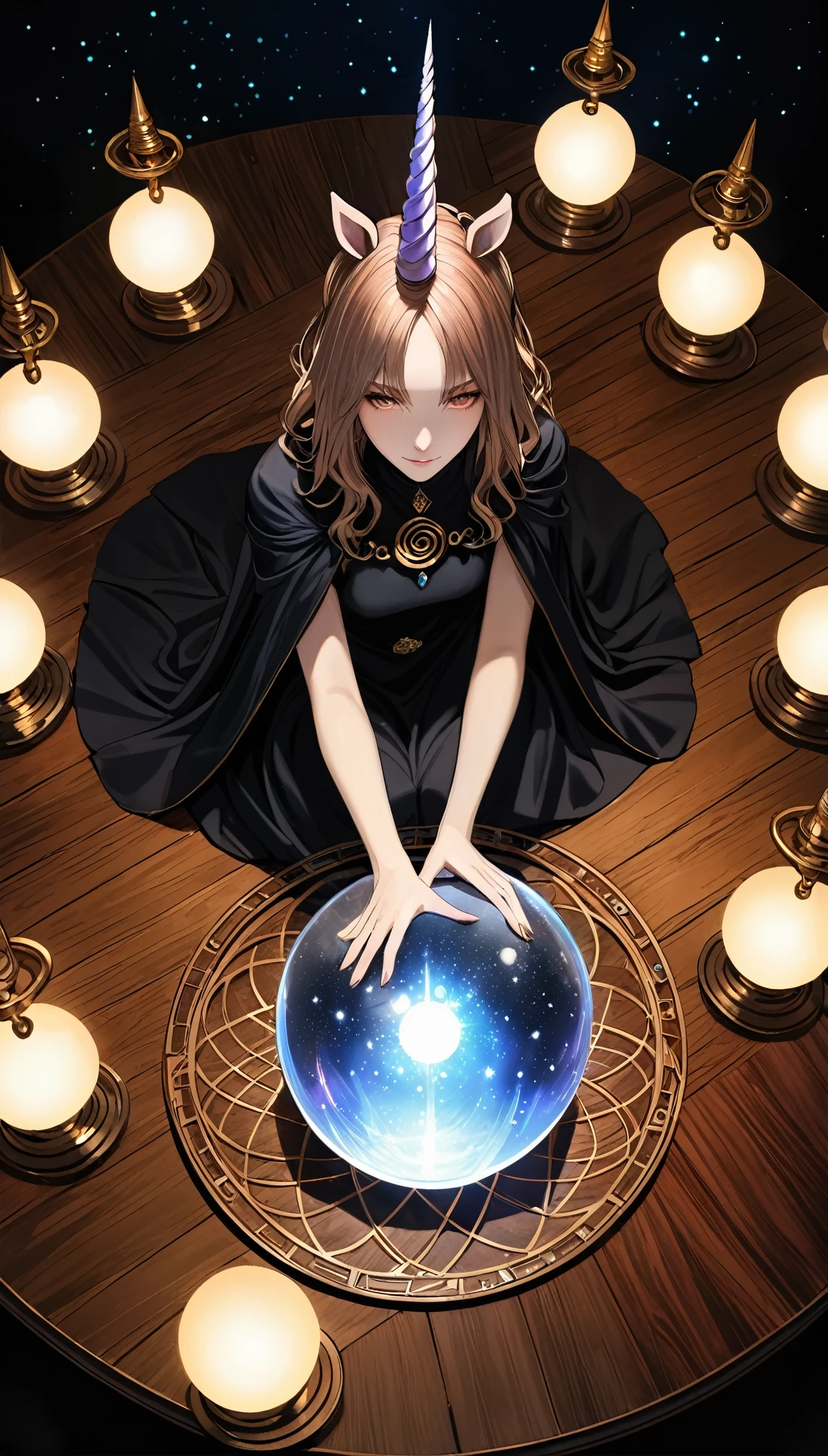 Unicorn Horn,Metal spiral tip,style of santiago caruso,
Halo,1 girl,Astrologer,Black robe, From the Galaxy, Wooden square table, handkerchief, (A dazzling crystal ball from the galaxy), black background, Point lights, Mysterious atmosphere, F, Surrealism,Fist flashing red,wide angle,from above,