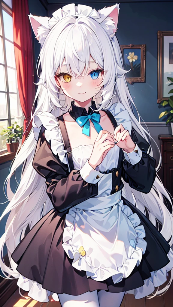 White hair,Cat ear,Long hair,Heterochromia(Left blue right yellow),Smile,Female face,There are bright spots in the eyes,Female hands,White little hands,Normal fingers,flat chest,Maid costume,White pantyhose,In the room