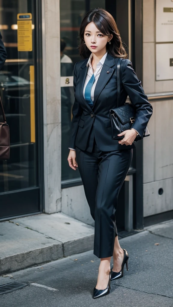 An office lady wearing a chic suit and pumps、I'm walking with a shoulder bag and watching a pocket TV。A pizza delivery scooter passes by.。