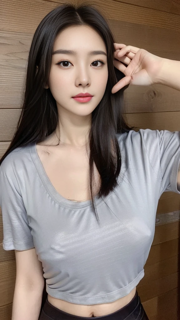 ((best quality, 8K, masterpiece, Clear focus )), 18 years old young Korean girl, ((Dark brown long hair, Huge breasts:1.3，Large, round chest :1.3)), Slim abdominal muscles :1.5,((Low-cut spandex short T-shirt :1.6) ), (Wooden wall background :1.2), Highly detailed face and skin textures, Delicate eyes, Double eyelids, Toothy smile，sweet，cute，collagen，cosmetic，Focus on the chest，Cleavage：0.1