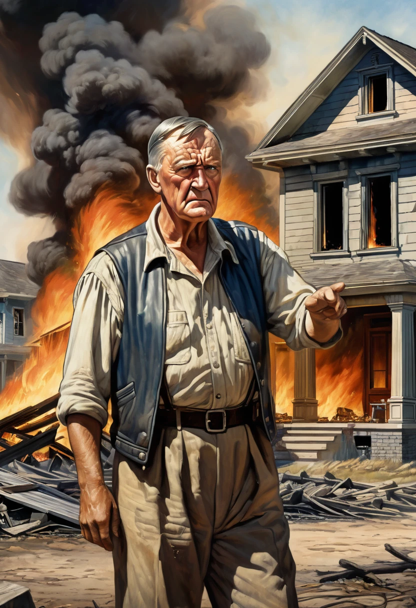 "A detailed image of a distressed homeowner rejecting Crassus's offer with a gesture of refusal, while the house behind them continues to burn fiercely. Crassus looks indifferent."
Size: "1024x1024"