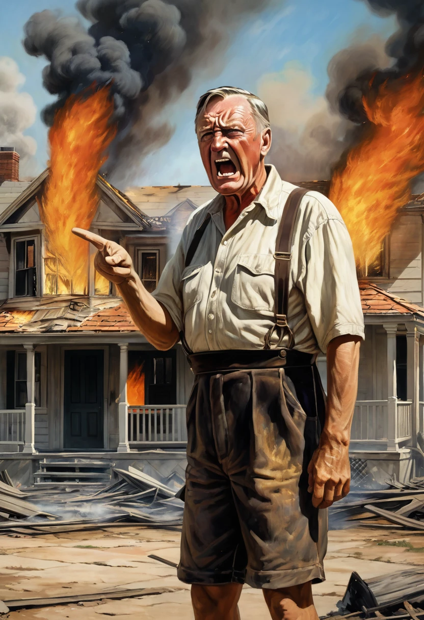 "A detailed image of a distressed homeowner rejecting Crassus's offer with a gesture of refusal, while the house behind them continues to burn fiercely. Crassus looks indifferent."
Size: "1024x1024"