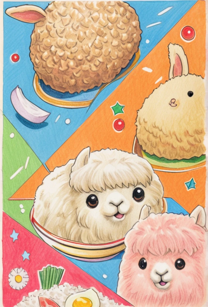 Alpaca holding rice ball 、art，advertisement，Colored pencil drawing，Comic Collage