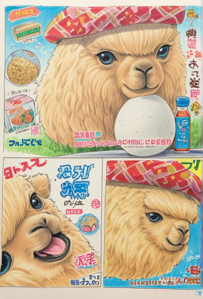 Alpaca holding rice ball 、art，advertisement，Colored pencil drawing，Comic Collage