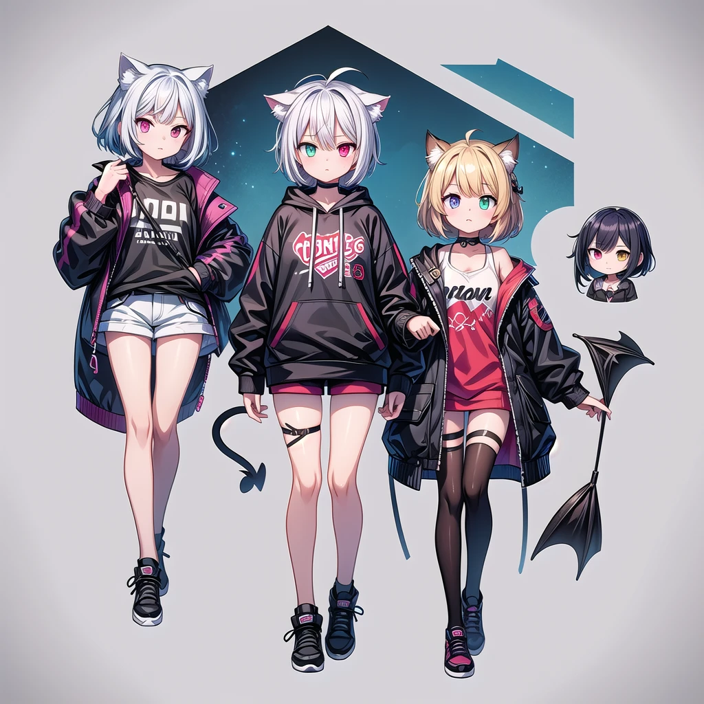 A white short-haired cat-ear girl, Single teenage girl,Heterochromia,Scars on the face,,Wide sweatshirt,Girls Frontline style, Devil anime girl, Fleet Collection Style, Anime style, Anime character design, , Fashion Design, Anime full body illustration, Popular on artstation pixiv, Interesting character design, pretty Anime character design,Character Design