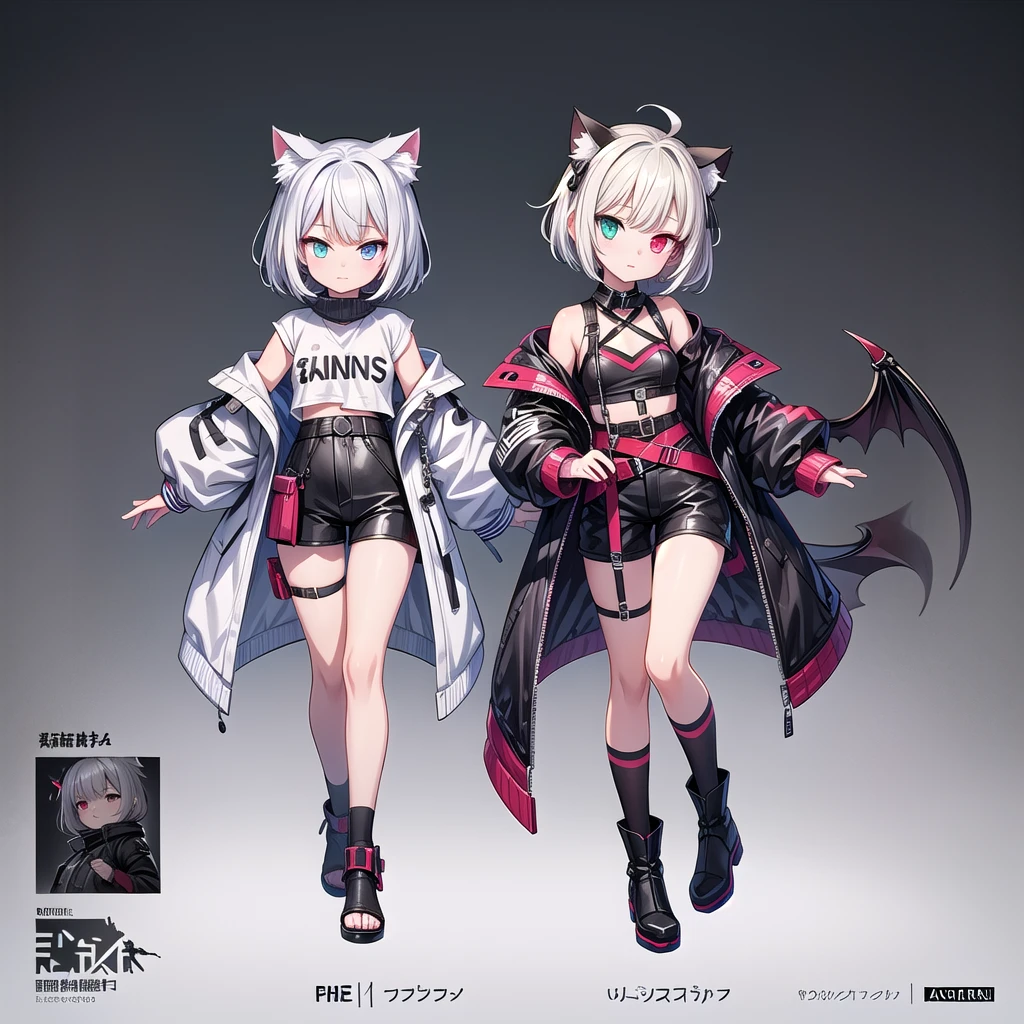 A white short-haired cat-ear girl, Single age girl,Heterochromia,Scars on the face,,Wide sweatshirt,Girls Frontline style, Devil anime girl, Fleet Collection Style, Anime style, Anime character design, , Fashion Design, Anime full body illustration, Popular on artstation pixiv, Interesting character design, pretty Anime character design,Character Design