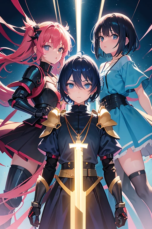 triplets Anime girls, carrying katana, anime, short black hair with neon blue highlights, hair is above shoulder height, smooth beautiful, 4k, anime art, pendant on hair, cross t necklace, vivid blue dress, battle armor golden armor, little clothing