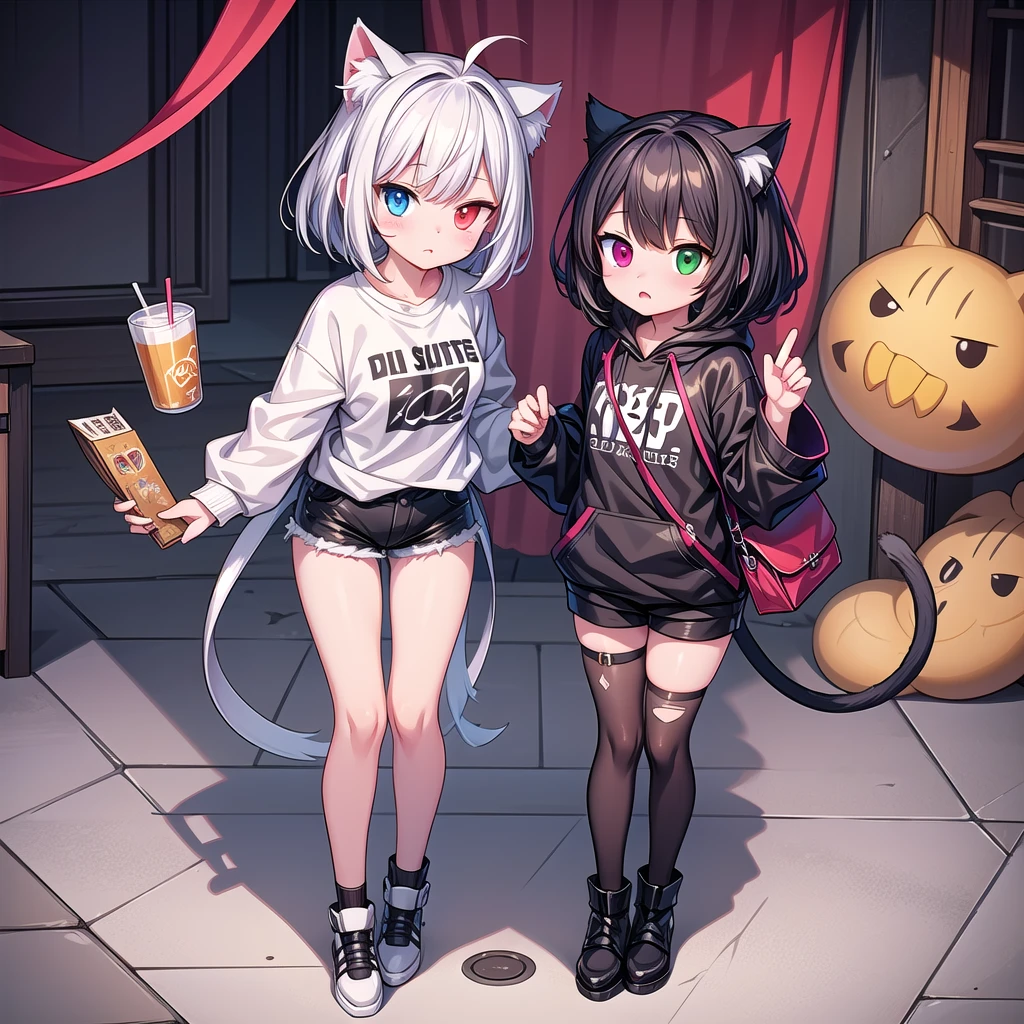 A white short-haired cat-ear girl, Heterochromia,Scars on the face,,Wide sweatshirt,Girls Frontline style, Devil anime girl, Fleet Collection Style, Anime style, Anime character design, , Fashion Design, Anime full body illustration, Popular on artstation pixiv, Interesting character design, pretty Anime character design,Character Design