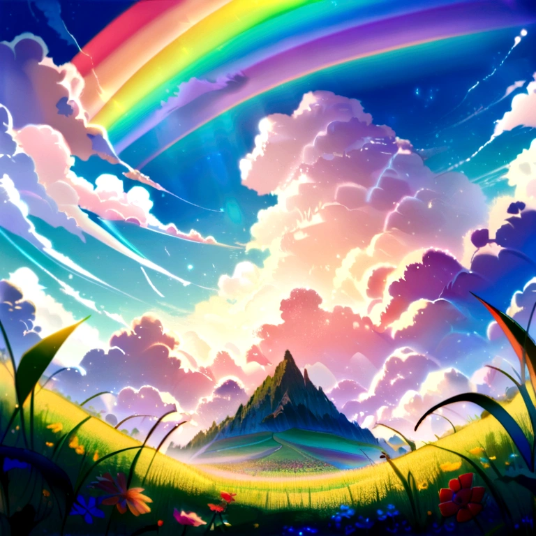 (From below, The sky above, Open the fields below), Blue sky, White clouds, Sun, Sunlight, spheres, Mountains, green trees, Butterfly, grassy fields, Flowers, Wind, Sunshine, (Dynamic composition: 1.4), rich details, Rich in color, (Rainbow colors: 1.2), (luminous, Atmospheric lighting), Dreamy, magical,