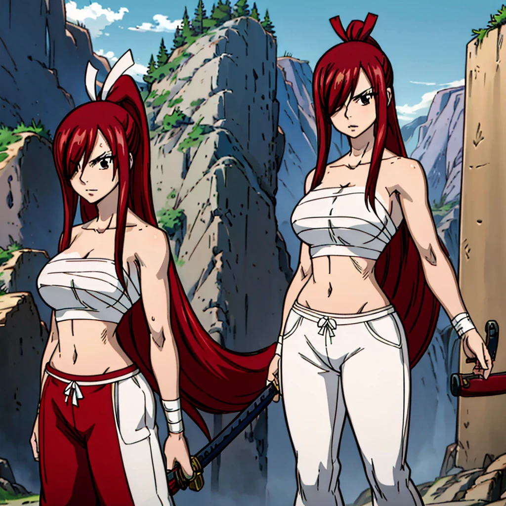 masterpiece, best quality, highres, fairy tail, 1girl, long hair, red hair, ponytail, white ribbon, hair over one eye, brown eyes, large breasts, collarbone, chest sarashi, bandage, bare arms, midriff, red hakama, red pants, standing, holding weapon, sword, katana, outdoors,