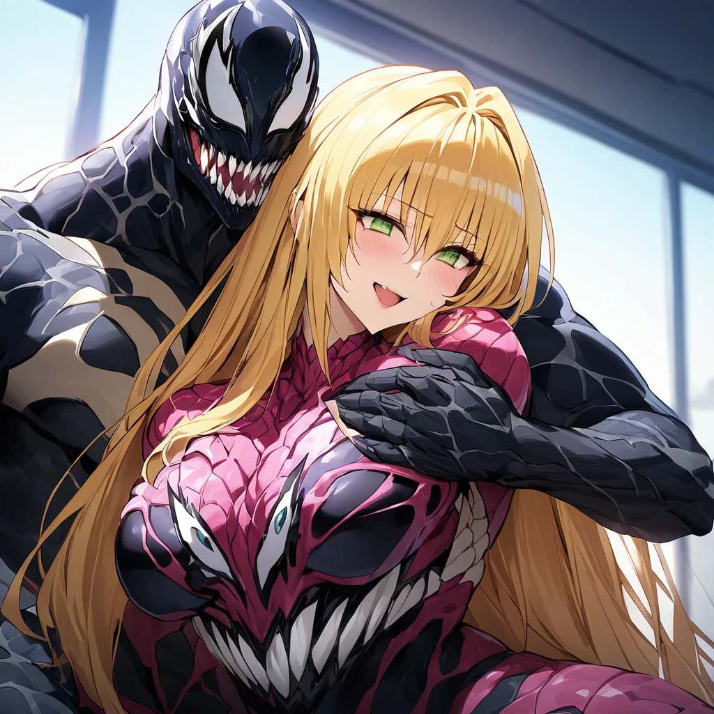 ((Highest quality)), ((masterpiece)), (detailed), (Perfect Face)、The female Venom is Tiare, a green-eyed, blonde, medium-long-haired female Venom, whose body has been completely transformed into Venom and who is wearing a Venom suit.、The woman is happily cuddling with the Venom man.、Venom man holding a woman