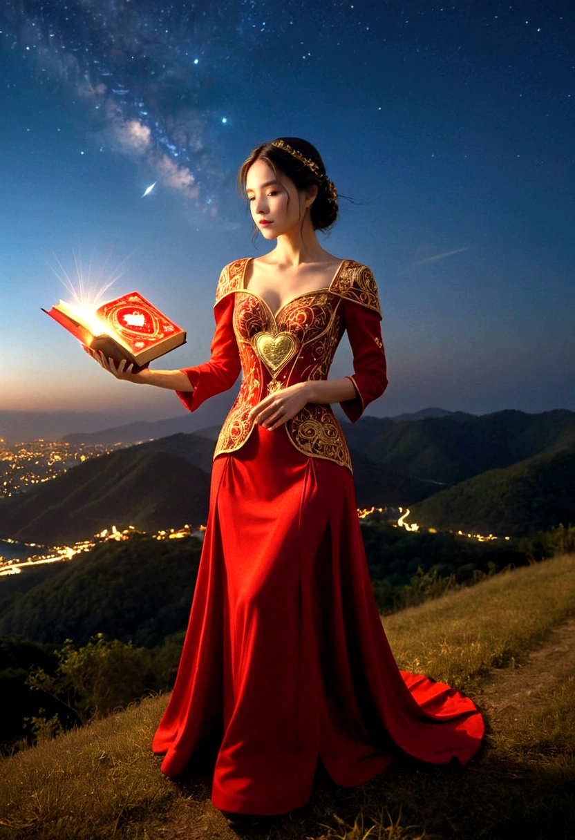 A woman in a love themed red dress with loads of intricate gold love embroidery, carrying a tome, on a hill top, two astrological sign light up brightly in the skies with the connective lines, night