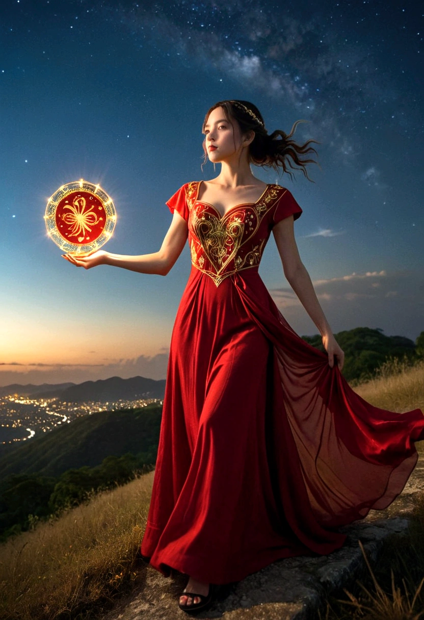A woman in a love themed red dress with loads of intricate gold love embroidery, carrying a tome, on a hill top, two astrological sign light up brightly in the skies with the connective lines, night